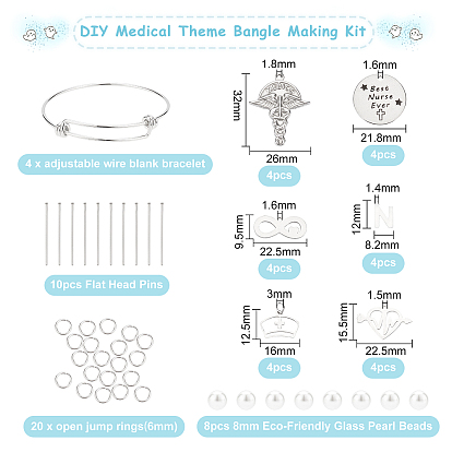 BENECREAT DIY Medical Theme Bangle Making Kit, Including Stainless Steel Charms, 201 Stainless Steel Bangle Making, 304 Stainless Steel Pins & Jump Rings, Glass Pearl Beads