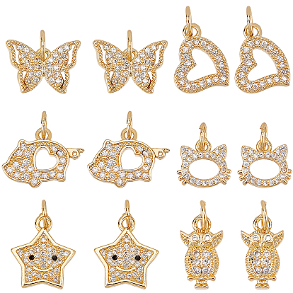 12 pcs 6 estilo latón micro pavé dijes de circonita cúbica transparentes, sin plomo y cadmio, larga duración plateado, forma mixta