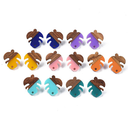 Resin & Walnut Wood Stud Earring Findings, with 304 Stainless Steel Pin and Hole, Two Tone, Leaf