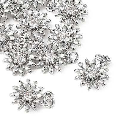 SHEGRACE Brass Micro Pave Clear Cubic Zirconia Pendants, Cadmium Free & Nickel Free & Lead Free, Flower Charms