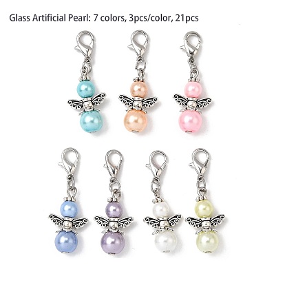 21 piezas 7 decoraciones colgantes de perlas de cristal de ángel de colores, con aleación de zinc hebillas de pinza de langosta