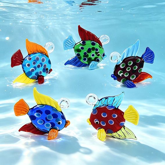 Handmade Lampwork Pendants, Fish with Polka Dot Charms