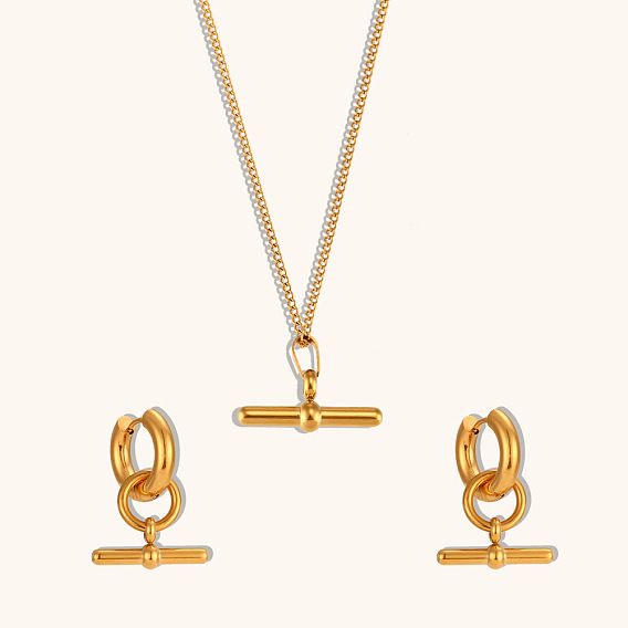 Stainless Steel 18K Gold Plated Circle Stick Pendant Earrings and Necklace Set for Women