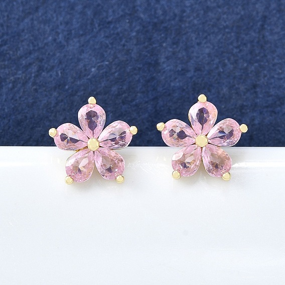 Женские серьги-гвоздики из латуни с фианитами, цветок