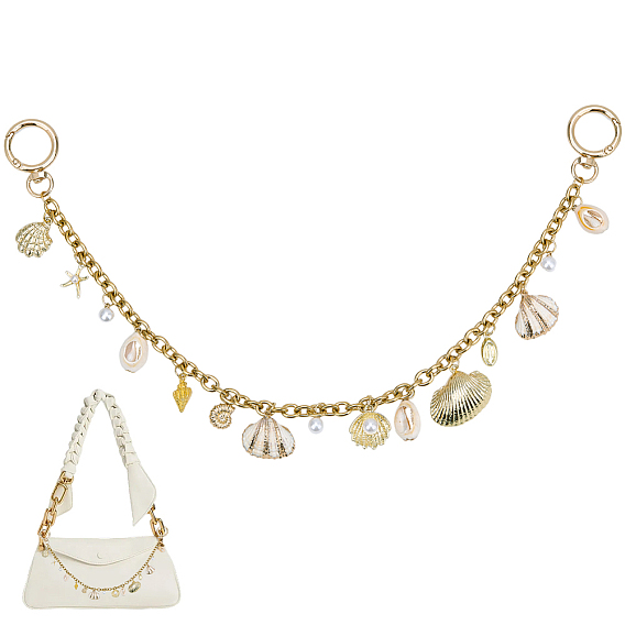 Alloy & ABS Plastic Imitation Pearl & Electroplated Natural Shell Tassel 304 Stainless Steel Bag Decorative Chains, with Clasps, Bag Replacement Accessories