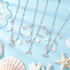 3 шт. 3 стили кулон из сплава в виде рыбьего хвоста в виде осьминога и натуральной белой ракушки, латунные ожерелья-скрепки для женщин