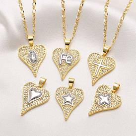 Подвеска в виде сердца из латуни с микропаве из прозрачных кубических цирконий, двухцветная., реальный 18 k позолоченный