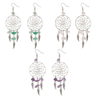 Natural Mixed Gemstone Chips & Pearl Chandelier Earrings, Alloy Woven Net/Web with Feather with Brass Pins for Women