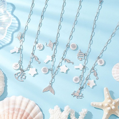 3 шт. 3 стили кулон из сплава в виде рыбьего хвоста в виде осьминога и натуральной белой ракушки, латунные ожерелья-скрепки для женщин