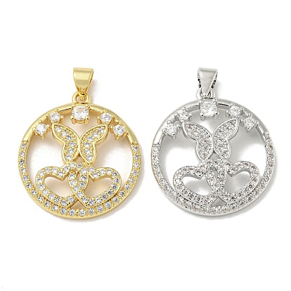 Rack Plating Brass Micro Pave Cubic Zirconia Pendants, Long-Lasting Plated, Lead Free & Cadmium Free, Round Ring with Heart and Butterfly Charms