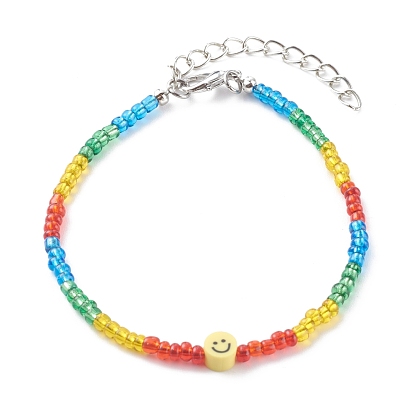 Glass Seed Beaded Bracelets, with Polymer Clay Beads and Alloy Lobster Claw Clasps, Smiling Face, Platinum