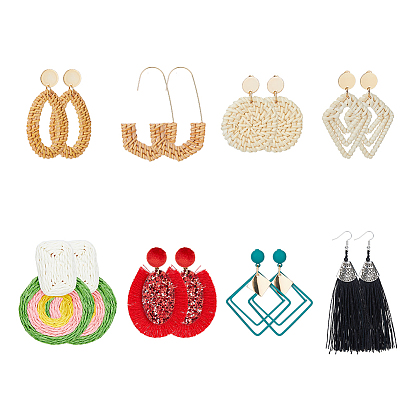 8 пары 8 стильные серьги-гвоздики из сплава, рафии, дерева и полиэстера для женщин, капля, прямоугольник, арка и ромб