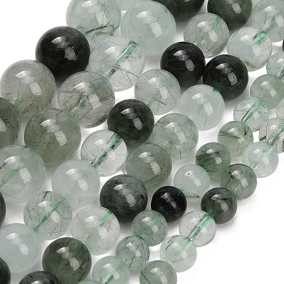 Natural Green Rutilated Quartz Beads Strands, Smooth Round