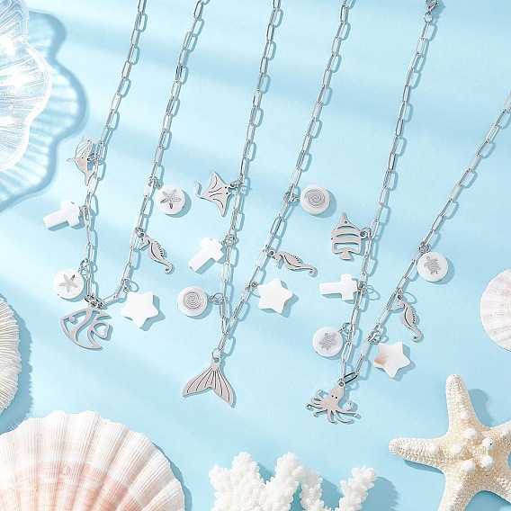 3 шт. 3 стили кулон из сплава в виде рыбьего хвоста в виде осьминога и натуральной белой ракушки, латунные ожерелья-скрепки для женщин