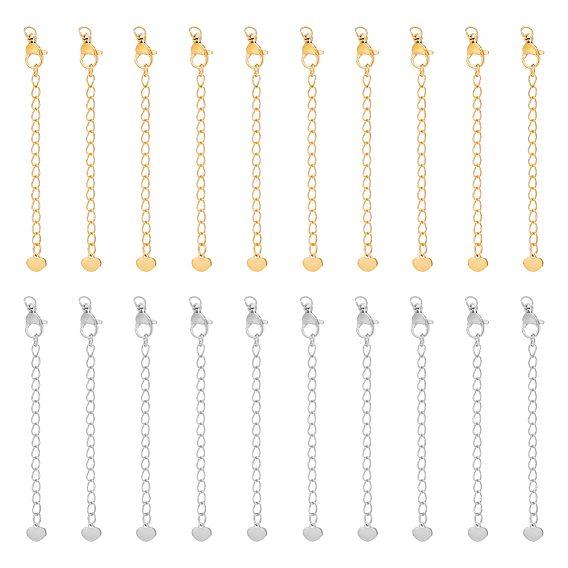 20шт. 2 цвета 304 удлинитель цепи из нержавеющей стали, концевые цепочки с застежками и крошечным язычком с подвеской в виде сердца