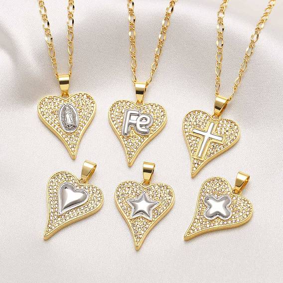 Подвеска в виде сердца из латуни с микропаве из прозрачных кубических цирконий, двухцветная., реальный 18 k позолоченный