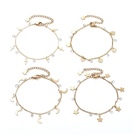 Brass Clear Cubic Zirconia Curb Charm Bracelets, Mixed Shape
