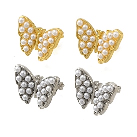 Rack Plating Butterfly Brass & ABS Imitation Pearl Stud Earrings, Lead Free & Cadmium Free, Long-Lasting Plated