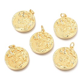 Brass Micro Pave Clear Cubic Zirconia Pendants, with Jump Rings, Flat Round with Lion