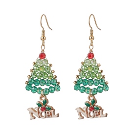 Glass Beads Braided Tree Dangle Earrings, Alloy Enamel Noel Christmas Long Drop Earrings for Women