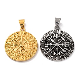 304 Stainless Steel Pendants, Flat Round with Rune & Vegvisir Charm