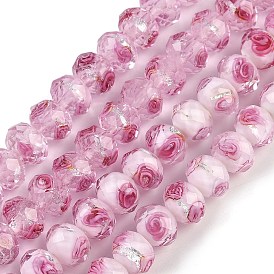 Handmade Silver Foil Lampwork Beads Strands, Inner Flower, Faceted, Rondelle