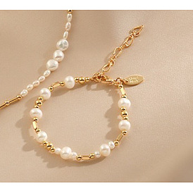 Браслеты из латуни и натурального пресноводного жемчуга, круглые