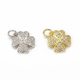 Brass Micro Pave Cubic Zirconia Charms, with Jump Ring, Clover Charm