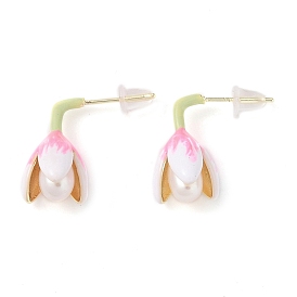 Flower Natural Pearl Stud Earrings, Brass Enamel Jewelry for Women