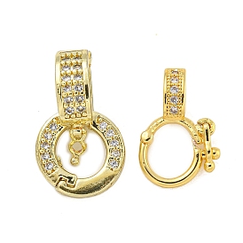 Rack Plating Round Ring Brass Micro Pave Clear Cubic Zirconia Twister Clasps, Long-Lasting Plated, Lead Free & Cadmium Free