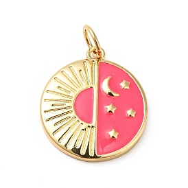 Rack Plating Brass Enamel Pendants, with Jump Ring, Cadmium Free & Nickel Free & Lead Free, Real 18K Gold Plated, Flat Round with Moon & Star & Sun