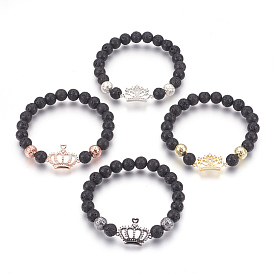 Stretch Bracelets, with Long-Lasting Plated Electroplated Natural Lava Rock, Natural Lava Rock and Brass Cubic Zirconia Beads, Crown