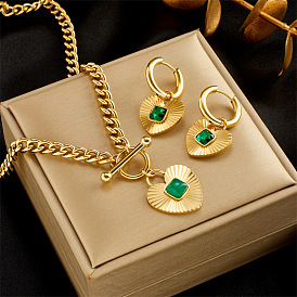 Vintage French Style Green Zircon Pendant Necklace and Earrings Set for Women