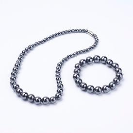 Ensembles de bijoux en hématite synthétique magnétique électrolytique, colliers de perles et bracelets, ronde