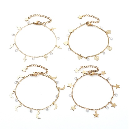 Brass Clear Cubic Zirconia Curb Charm Bracelets, Mixed Shape