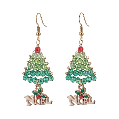 Glass Beads Braided Tree Dangle Earrings, Alloy Enamel Noel Christmas Long Drop Earrings for Women