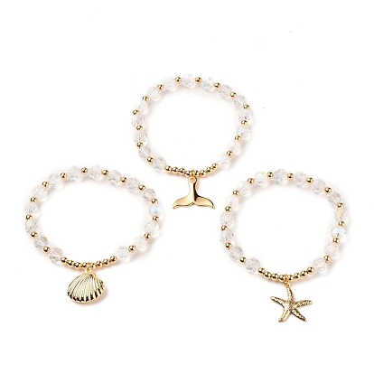 Pulseras con dijes de latón con tema oceánico, estirar pulseras, con cuentas redondas de latón y cuentas de vidrio facetado, concha y forma de cola de ballena y estrella de mar, dorado