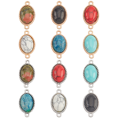 12шт 12 стили подвески из смешанных драгоценных камней, с фурнитурой из сплава с покрытием из платины и светлого золота, полуовальные звенья, смешанные окрашенные и неокрашенные