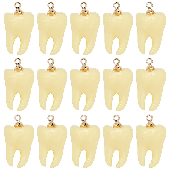 20Pcs Opaque Resin Pendants, Tooth, with Golden Finding