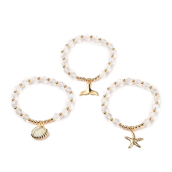 Ocean Theme Brass Charm Bracelets, Stretch Bracelets, with Round Brass Beads and Faceted Glass Beads, Shell & Whale Tail Shape & Starfish, Golden