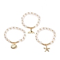 Ocean Theme Brass Charm Bracelets, Stretch Bracelets, with Round Brass Beads and Faceted Glass Beads, Shell & Whale Tail Shape & Starfish, Golden