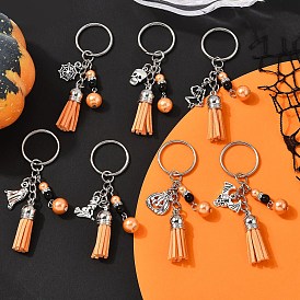 Брелки из сплава стекла и жемчуга, с подвеской-кисточкой из искусственной замши и железными кольцами для ключей, Хэллоуин тема, старинное серебро и платина