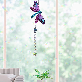 Glass Teardrop & Octagon Pendant Decorations, with Metal Dragonfly Link and Iron Findings, for Garden Outdoor Decoration