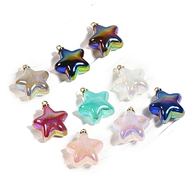 10Pcs UV Plated Iridescent Opaque Resin Pendants, with Giltter Power & Golden Tone Loop, Star