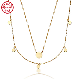 925 ожерелья с плоскими круглыми подвесками из стерлингового серебра для женщин, ожерелья из двухслойных кабельных цепочек
