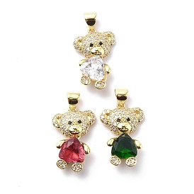 Brass Cubic Zirconia Pendants, Bear with Heart Charm, Real 18K Gold Plated