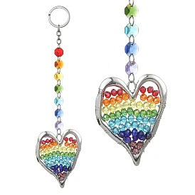 Alloy & Glass Beaded Heart Pendant Keychain, with Glass Octagon Link and Alloy Split Key Rings