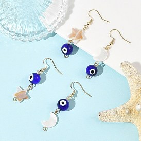 Handmade Lampwork Evil Eye and Natural Freshwater Shell Dangle Earrings, Star Moon, 304 Stainless Steel Dangle Earrings