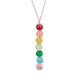 Colorful Glass Round Beaded Pendant Necklaces, with Iron Cable Chains