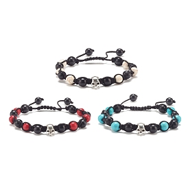 Round Synthetic Turquoise(Dyed) Braided Bead Bracelet with Alloy Skull, Gemstone Jewelry for Women